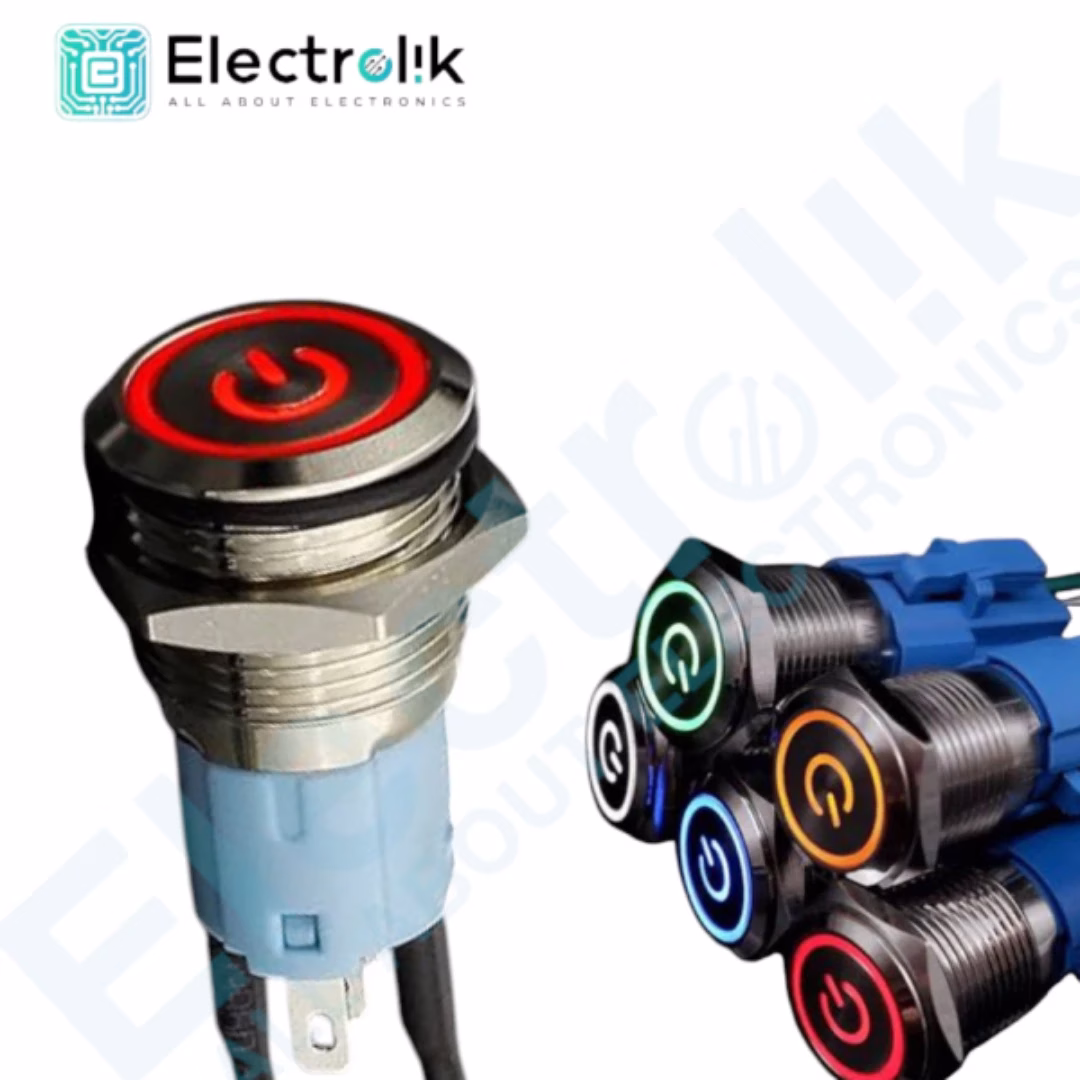 Metal Momentary Push Switch On/Off Waterproof with LED Ring 16mm12V-AC RED Electrolik