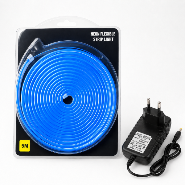 Blue Neon Flexible Strip Light 5M with Power Adapter 12V 2A