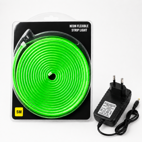 Green Neon Flexible Strip Light 5M with Power Adapter 12V 2A