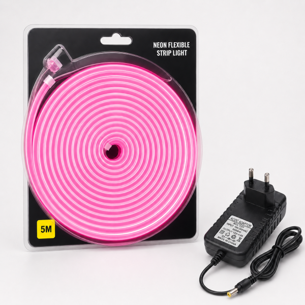 Pink Neon Flexible Strip Light 5M with Power Adapter 12V 2A