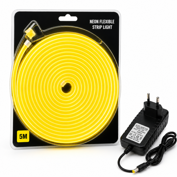 Yellow Neon Flexible Strip Light 5M with Power Adapter 12V 2A