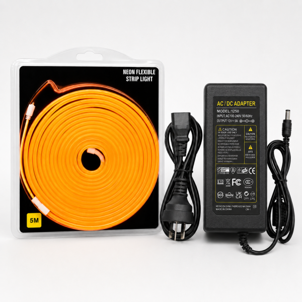 Orange Neon Flexible Strip Light 5M with Power Adapter 12V 5A