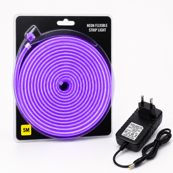 Purple Neon Flexible Strip Light 5M with Power Adapter 12V 2A