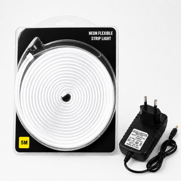 White Neon Flexible Strip Light 5M with Power Adapter 12V 2A