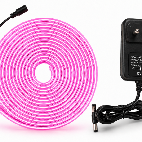 Pink Neon Flexible Strip Light 5M with Power Adapter 12V 3A