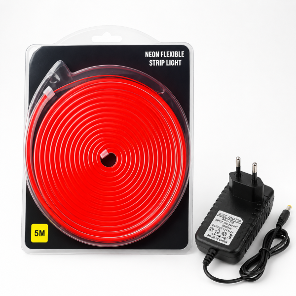Red Neon Flexible Strip Light 5M with Power Adapter 12V 2A