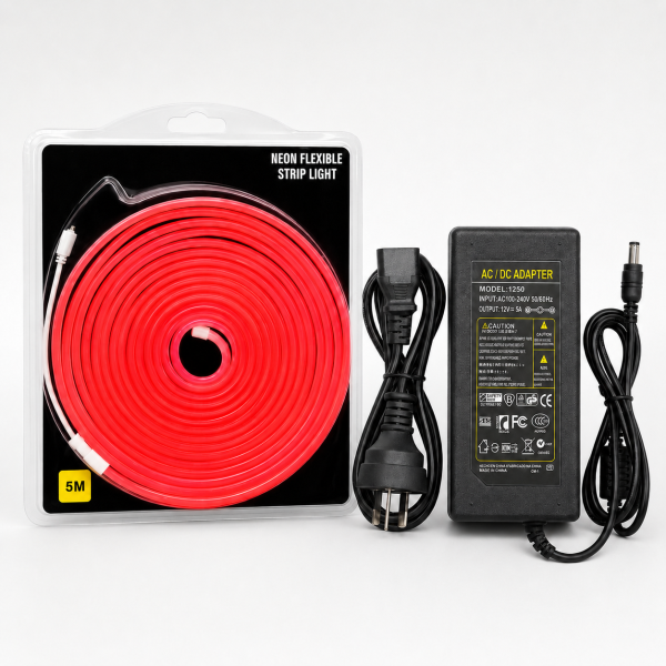 Red Neon Flexible Strip Light 5M with Power Adapter 12V 5A