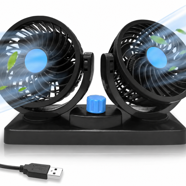 Cooling Car Fan, 12V with USB Electric 2 Speed Dual Head Fans for Seat Passenger Portable Vehicle Fan, 360° Rotatable Cooling Air Fan 12V Cigarette Lighter
