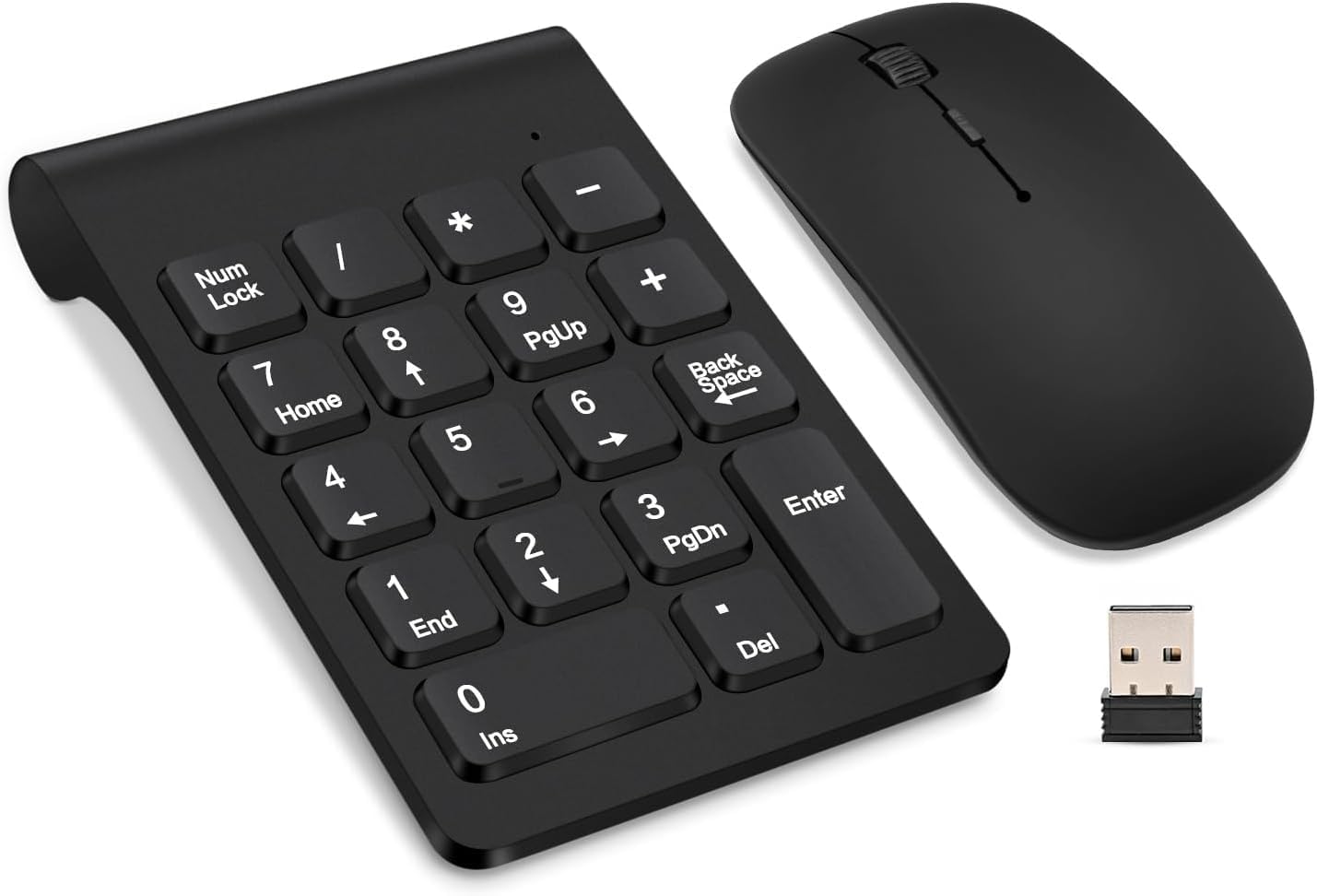 51NxvCx3LZL._AC_SL1429_.jpg Wireless Numeric Keypad, Mini 2.4G 18 Keys Number Pad with Wireless Mouse for Laptop, PC, Desktop, Notebook(Black) - Image 1