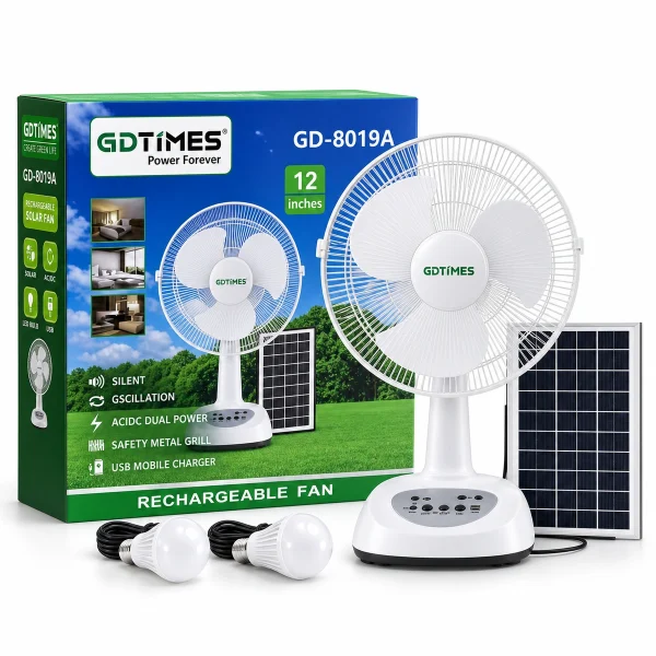 GDTIMES GD-8019A 12 Inch Rechargeable Solar Fan Set