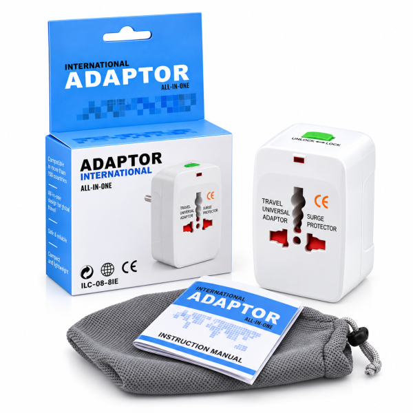Universal International Travel Adapter All-in-One – US UK EU AU Plug Converter with Surge Protection & Travel Pouch